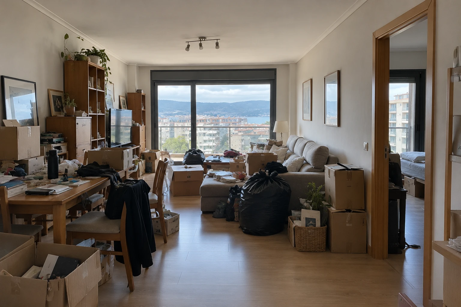 Antes: vaciado de pisos en Vigo: salón lleno de cajas, muebles y bolsas, y el mismo salón vacío con vistas a la ría
