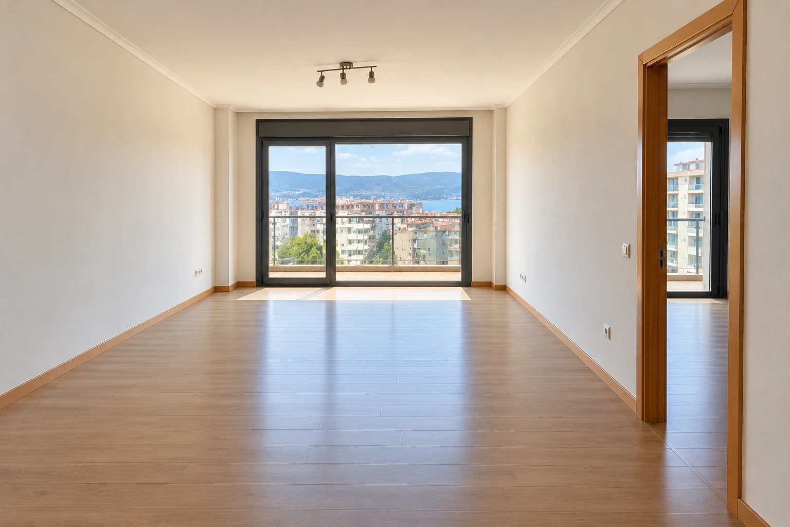 Después: vaciado de pisos en Vigo: salón lleno de cajas, muebles y bolsas, y el mismo salón vacío con vistas a la ría